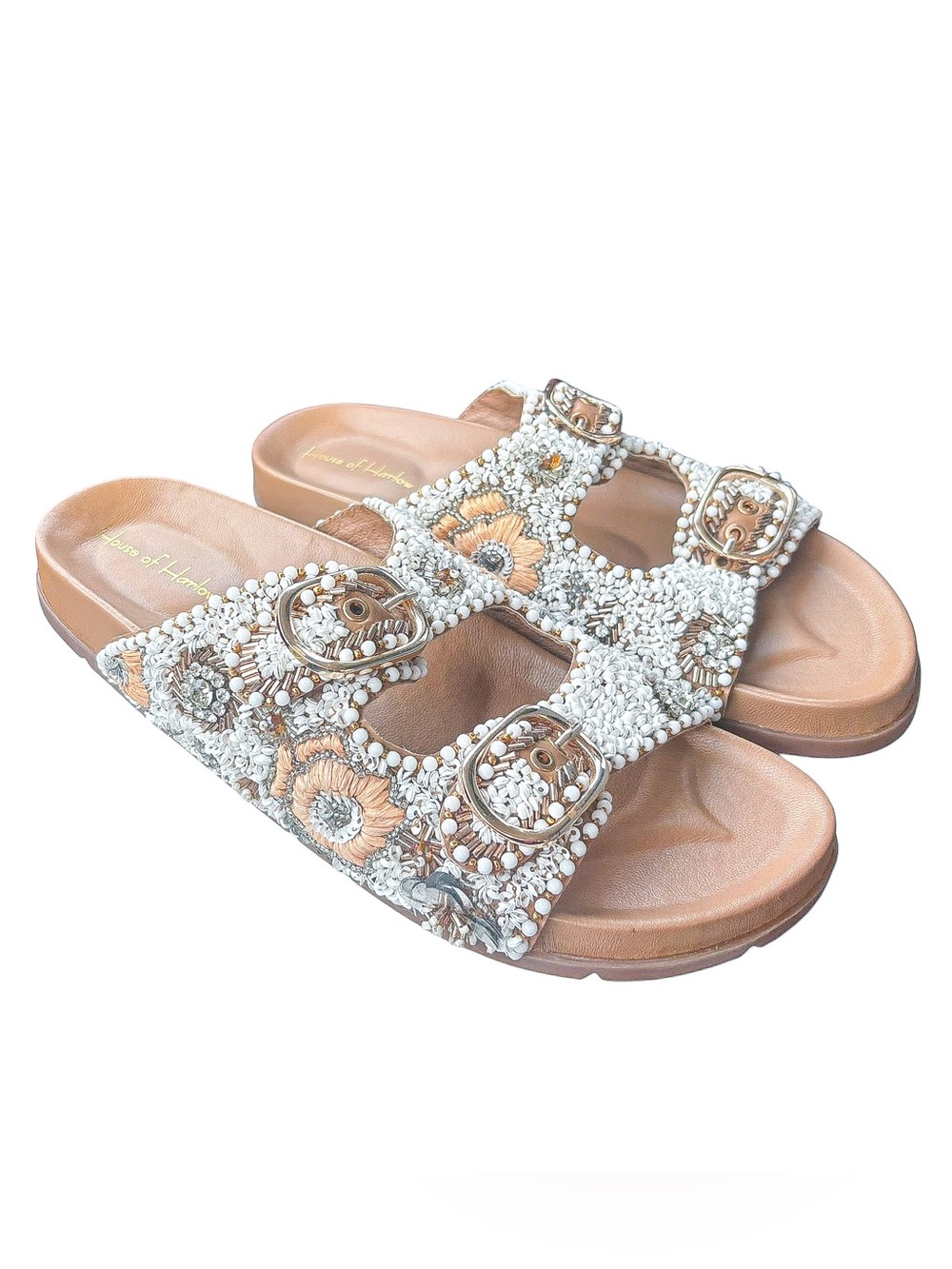 House of Harlow 1960 Beaded Embroidered & Sequence Buckle Sandals